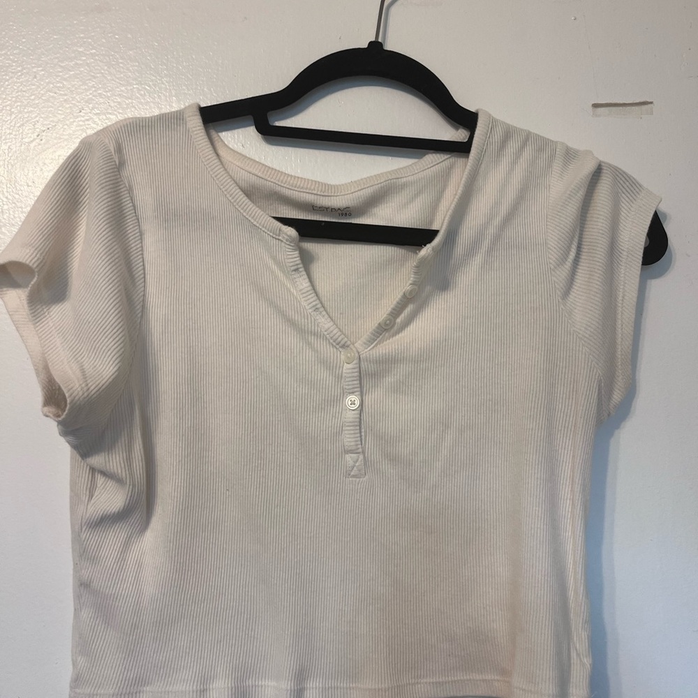 Button-Front Ribbed Women's Top in Cream - Casual Short Sleeve